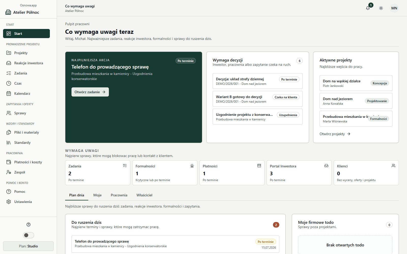 Prawdziwy dashboard prywatnego środowiska demonstracyjnego Osnowy